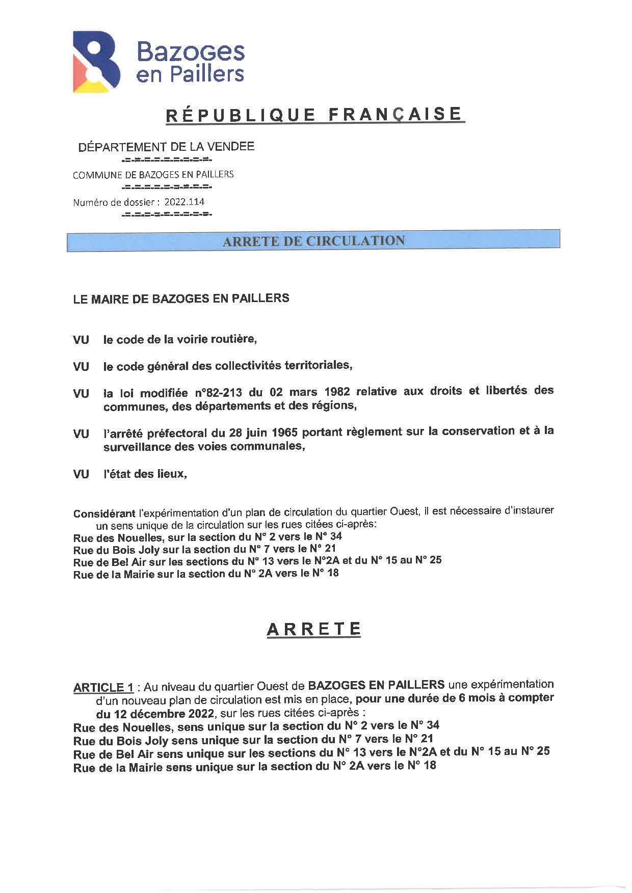 ARR 2022114 Sens de circulation Quartier Ouest page 001